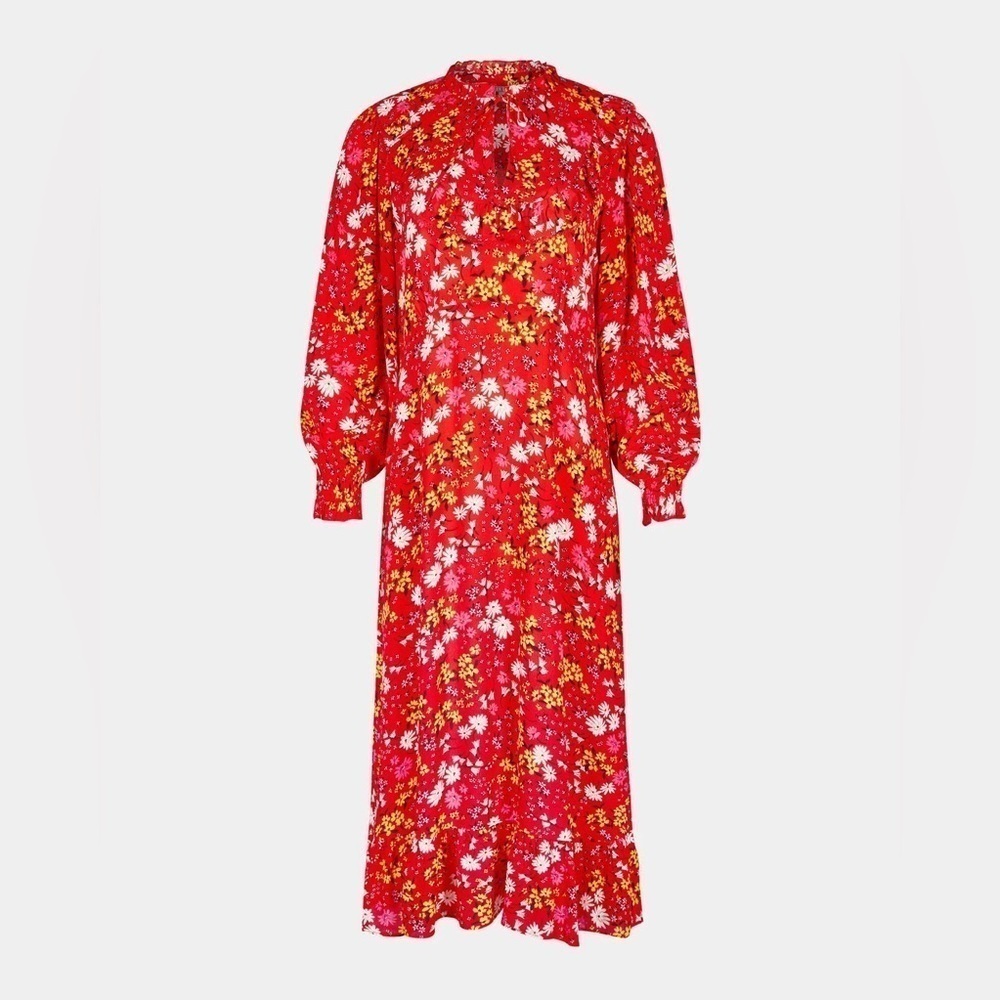 Oliver Bonas Floral Print & Frilled Bib Trim Red Midi Dress 2 EE29 - Picture 4 of 16